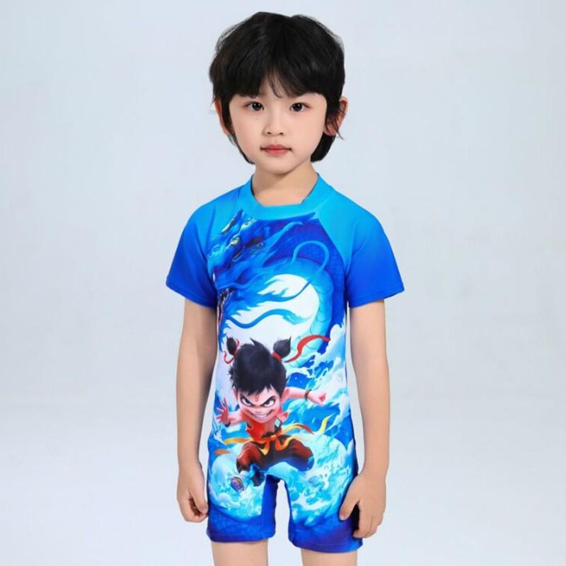 Children's Swimming Suit Boy's Cute Cartoon Nezha One-piece Short-sleeved Breathable Baby Hot Swimsuit