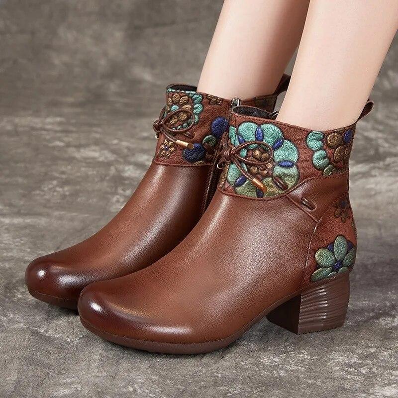 Johnature Зимние теплые короткие сапоги, непромокаемая женская обувь из натуральной кожи в этническом стиле на толстом каблуке и мягкой подошве