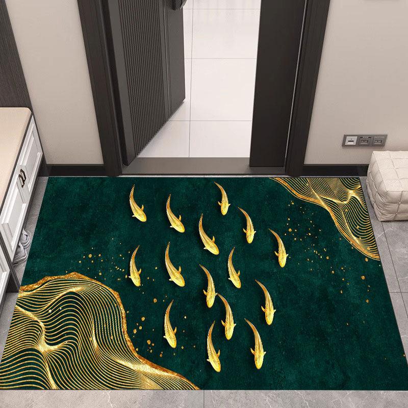 Cartoon Green Lotus Red Koi Doormat, Fresh Oriental Water Plant Front Entry Rug for Traditional Home Porch Decor