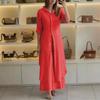 2025 European and American women's clothing new summer and autumn urban elegance cotton and linen slim waist long-sleeved shirt wide-leg pants suit