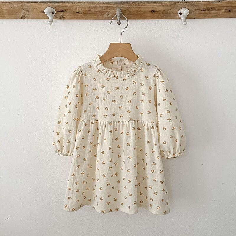Girls Long Sleeve Dress Floral Print Turtleneck A-Line Cotton 3-8 Years Old