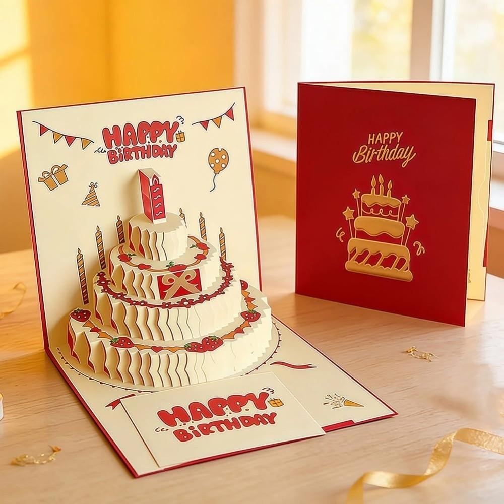 Four-Layer Cake Pop-Up Greeting Card Folding Invitation Card 3D Happy Birthday Card Kids Gift