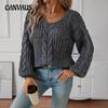 Autumn and Winter Women's Plus Size Casual Knit Sweater Loose V-Neck Long Sleeve Solid Color Twisted Flower Pullover Chunky Needle Sweater