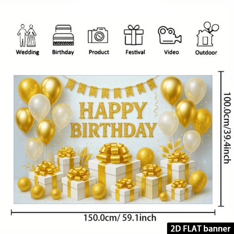 Flat high-end gold-white birthday background banner including glittering gold birthday text + gold-white balloons.PMJ