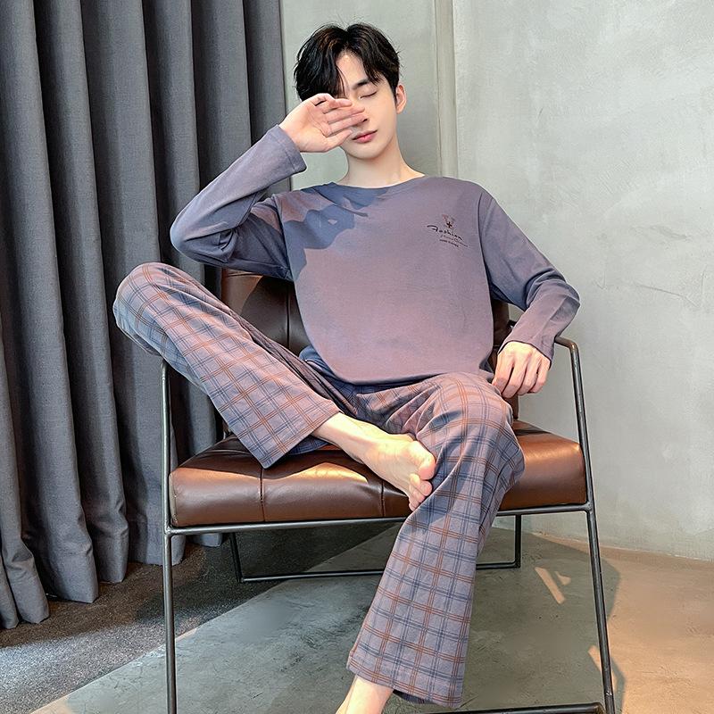 Весенняя хлопковая пижама для мужчин, домашняя одежда для сна, синяя клетчатая пижама, мужская пижама, домашняя одежда, пижама Hombre