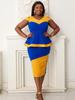 Облегающие платья-миди женские с v-образным вырезом сине-желтые цветные блоки с высокой талией и баской пакет хип-офисный женский наряд для мероприятий