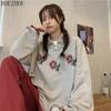 HOUZHOU Толстовки-поло женские с цветочным принтом и длинным рукавом, винтажные корейские большие размеры, свободные Ins для студентов, шикарный тренд