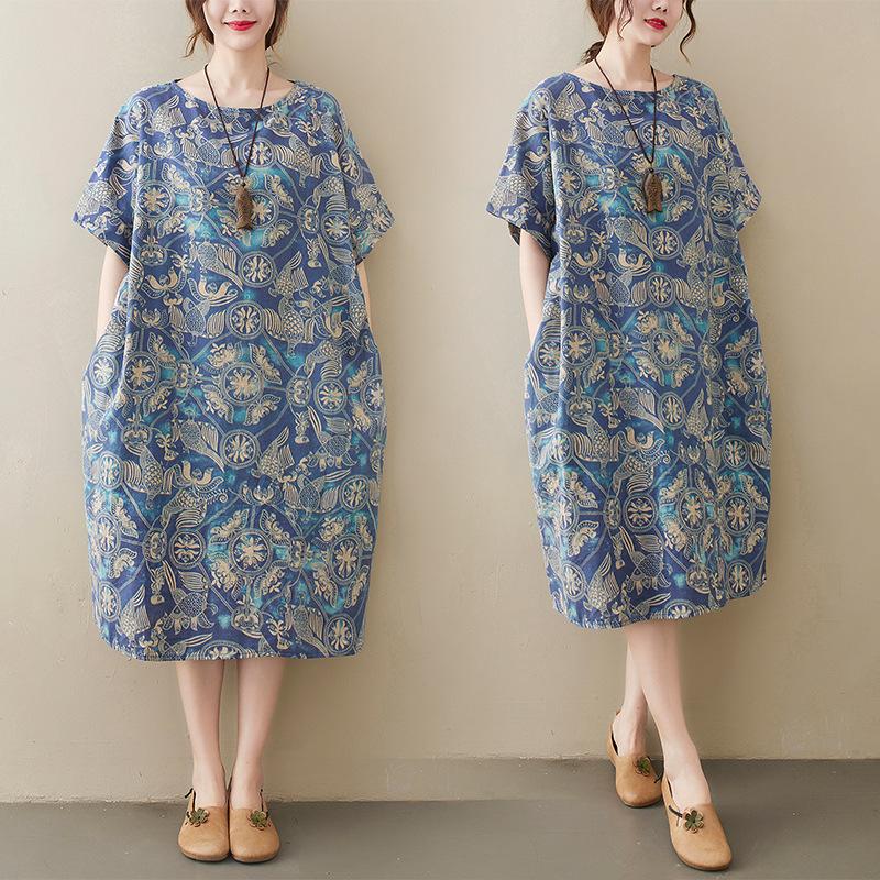 Летнее свободное художественное ретро-принтованное хлопковое льняное платье с короткими рукавами для женщин, прикрывающее тело, демонстрирующее худобу, повседневные платья