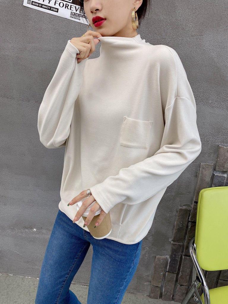 Plush Velvet Korean Loose Half Turtleneck Pullover with Pocket for Autumn and Winter
