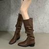 Женские ботинки на толстом каблуке с острым носком, плиссированные ботфорты, новые универсальные длинные рыцарские ботинки на осень и зиму, тонкие ботинки
