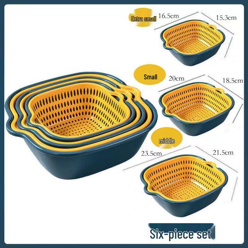 Six-Piece Double-Layer Kitchen Basket Set for Washing Fruits and Vegetables
