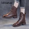 Johnature Genuine Leather Shoes Women Boots Zip Round Toe Flat With Handmade Retro Lace-up Sewing Casual Platform Boots