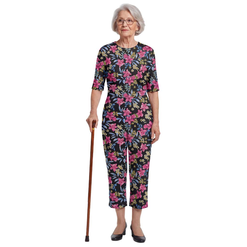 S-3XL Womens Elderly Nursing Floral Print Jumpsuit Short Sleeve Back Zipper Lounging-style Anti-strip Adaptive Rompers for Alzheimer Special Needs