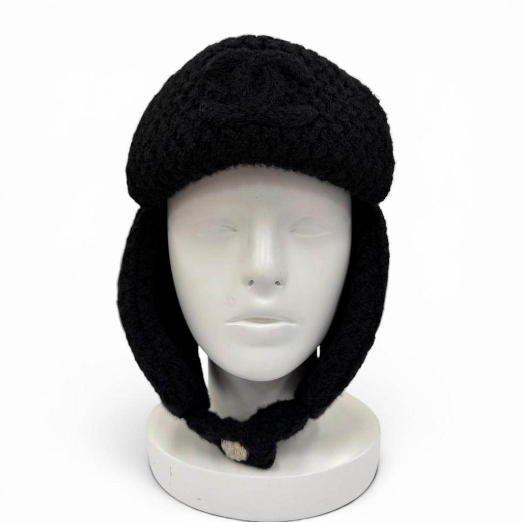 Pristine CHANEL Knit cap COCO Mark Chapka Hat Trapper Hat Flight Hat cashmere Used