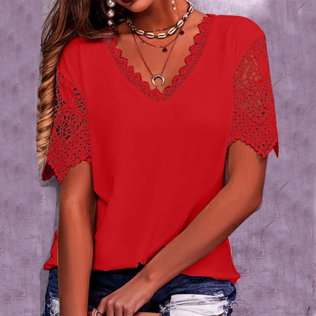 Женская модная кружевная лоскутная свободная футболка с v-образным вырезом и коротким рукавом