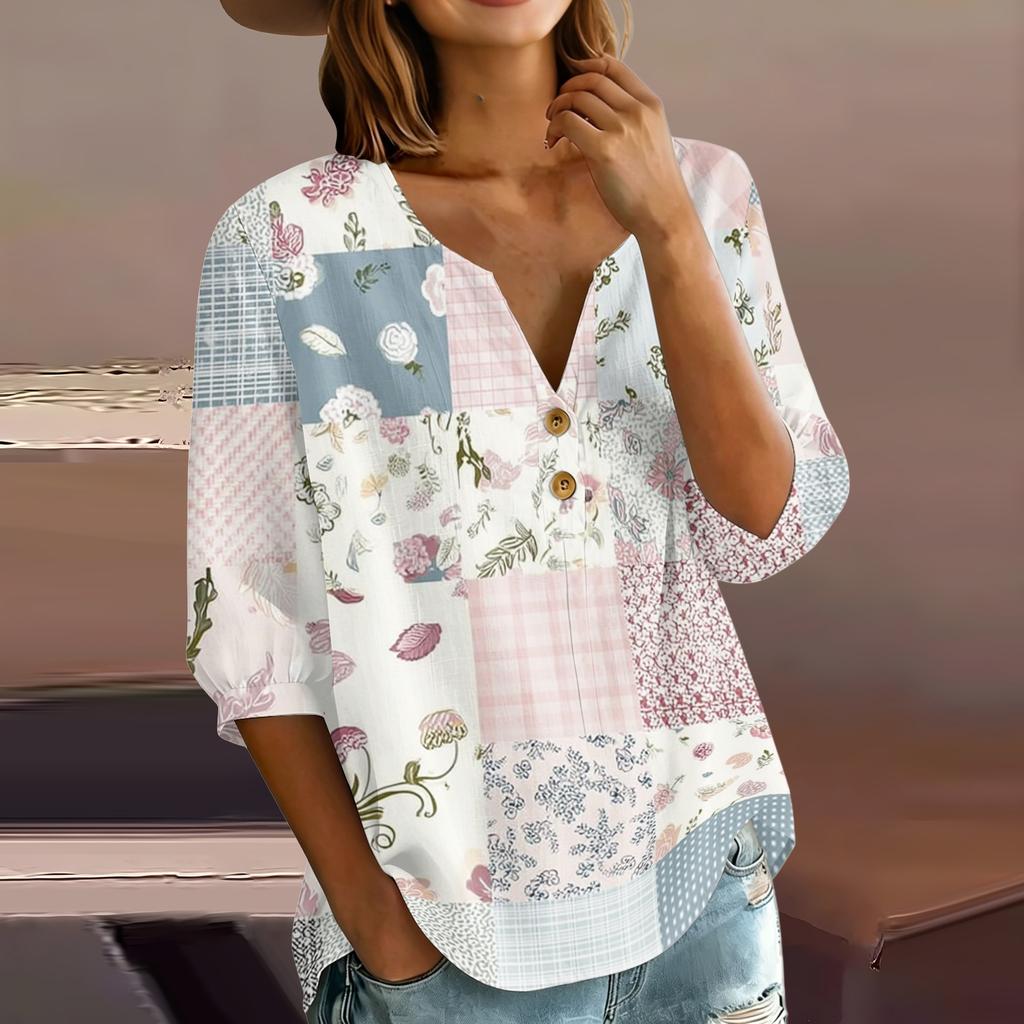 Женская модная рубашка-henley с принтом и пэчворком из хлопка и льна, с пуговицами спереди и рукавами три четверти, свободный крой