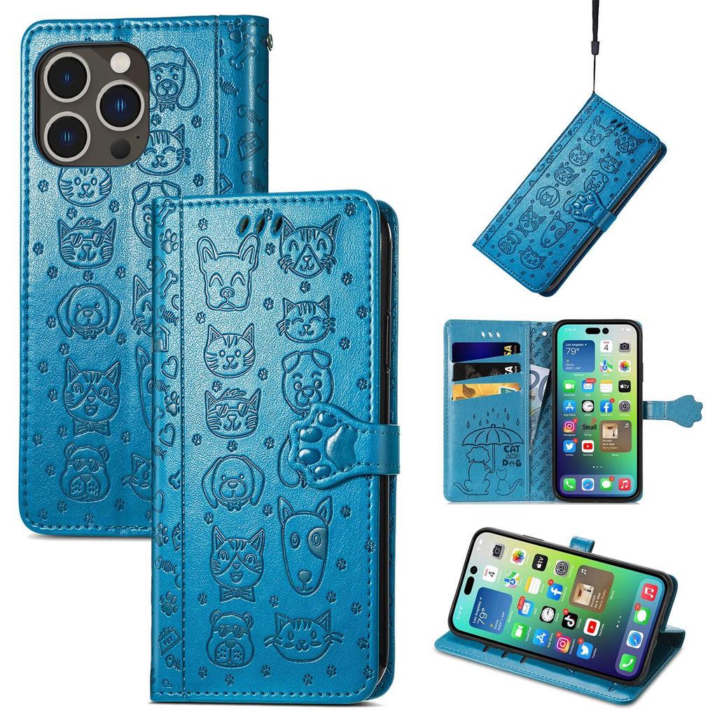 iPhone 16 Flip Leather Case - PU Embossed Cat Dog Design - Compatible with Apple 15