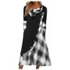 Women's Fashion Plaid Stitching Button Pockets Pile Neck Long Sleeve Dress