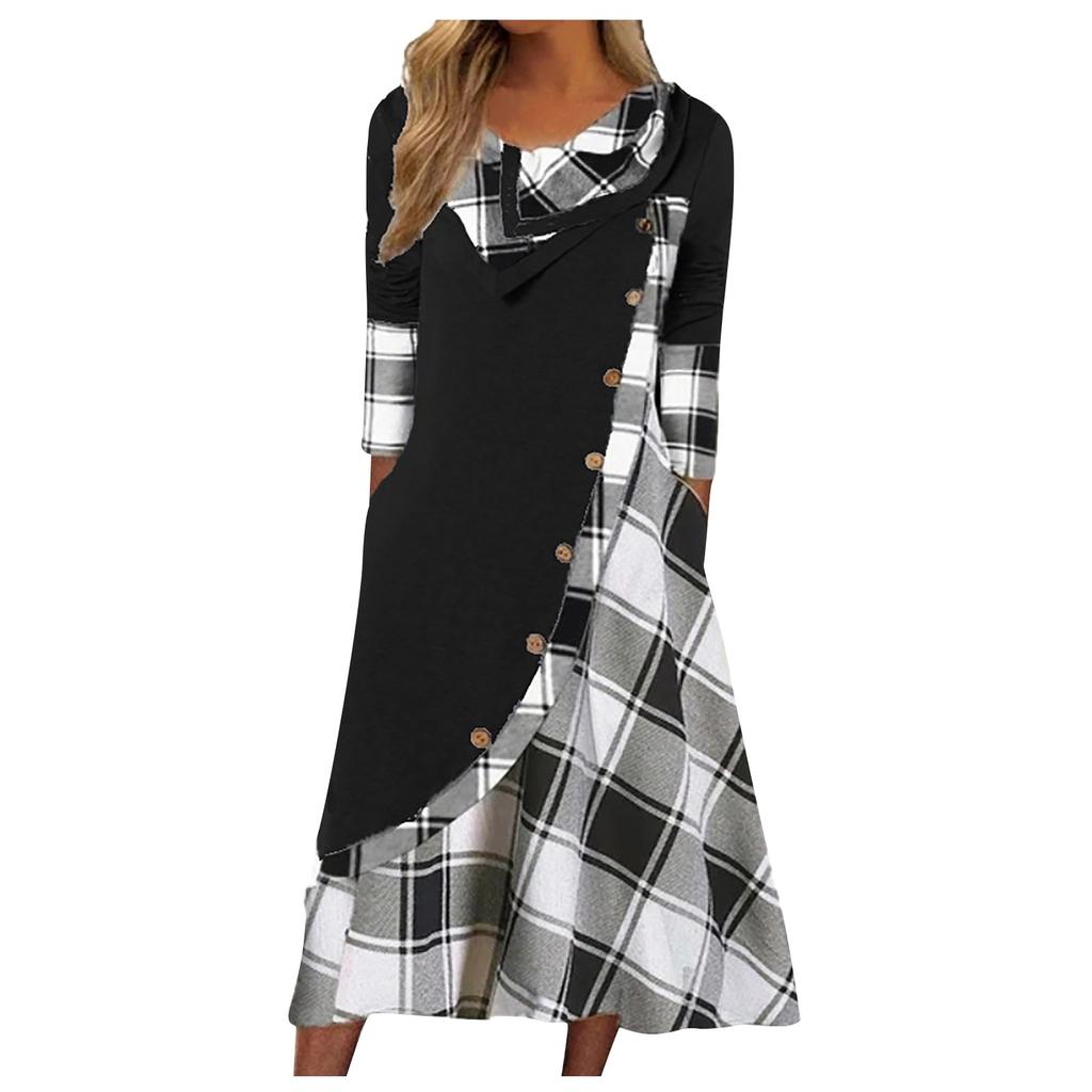 Women's Fashion Plaid Stitching Button Pockets Pile Neck Long Sleeve Dress