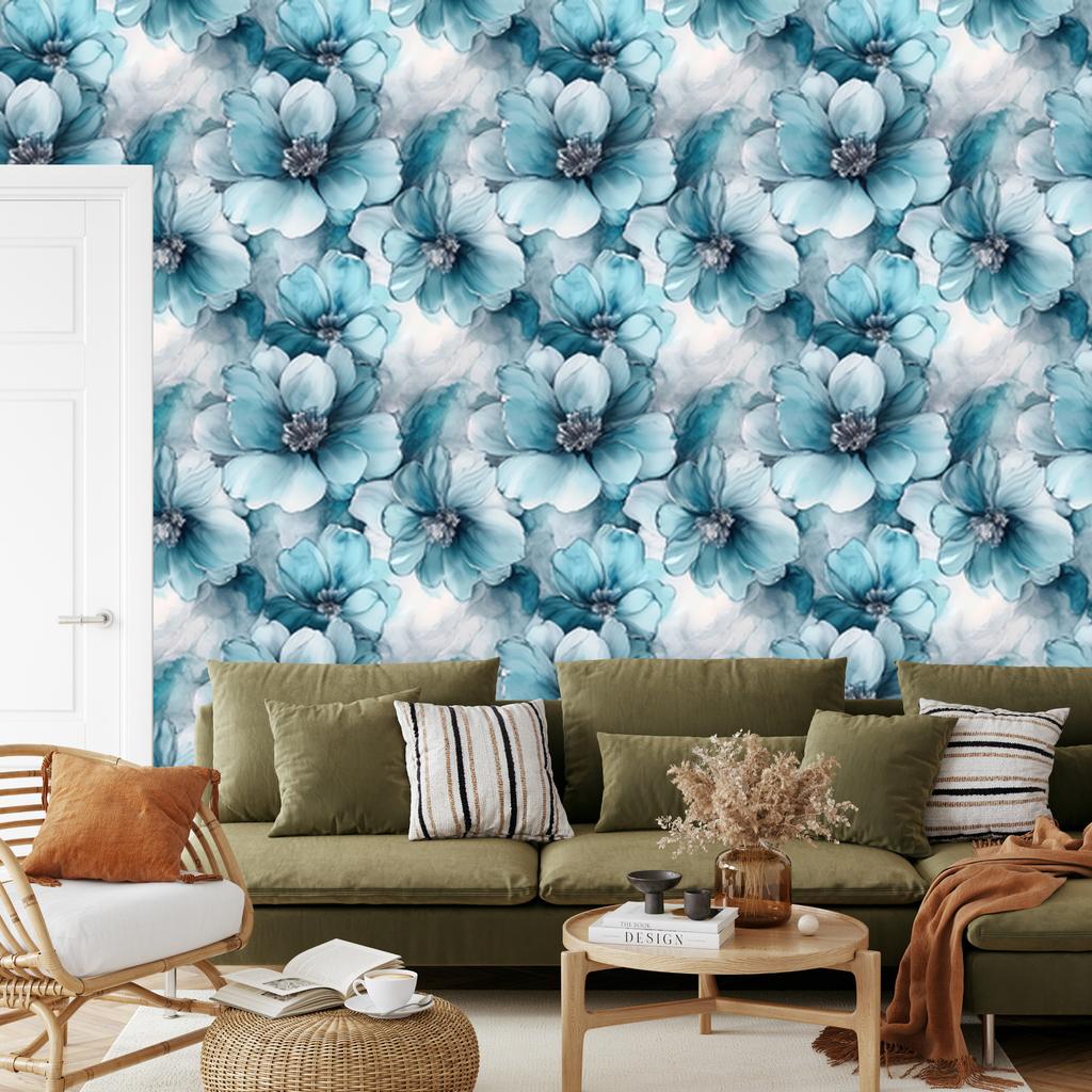 Ink Wallpaper Turquoise, Celadon and Blue for Living Room and Bedroom 50x1000