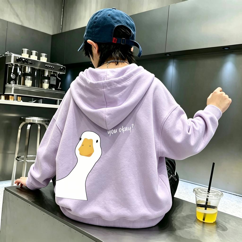 Latest model - Fun cartoon white goose pattern "Are you okay?" Children's loose oversized casual hooded sweatshirt