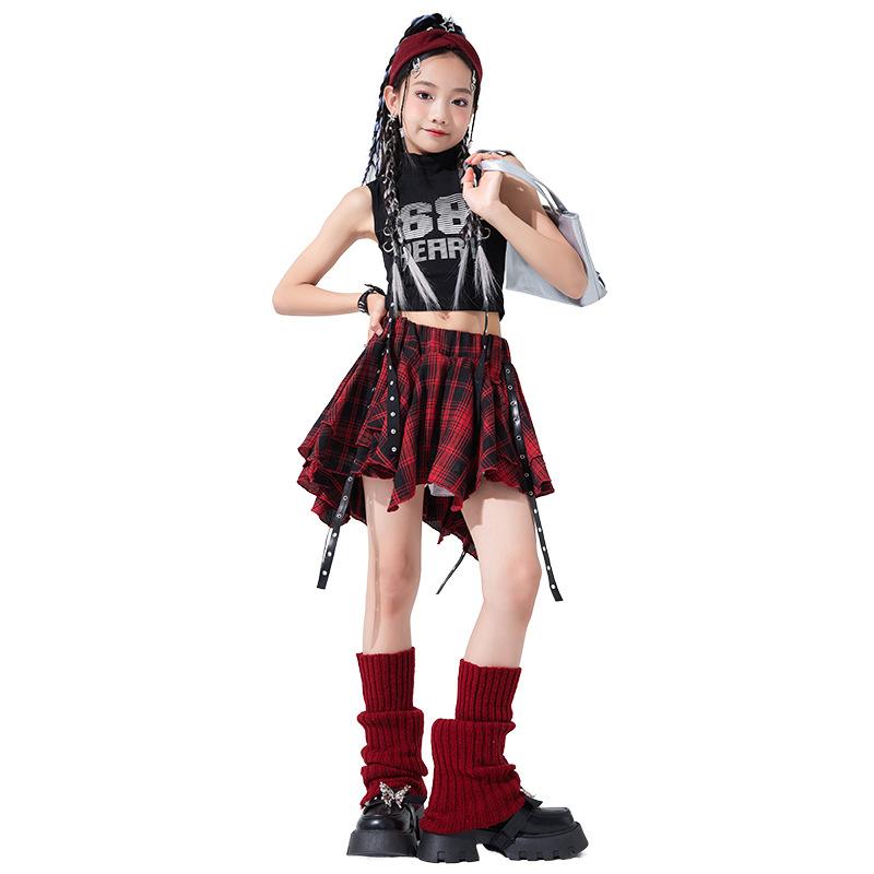 Kids Hip Hop Crop Top Plaid Street Dance Skirt Girls Ribbon Pleated Skirts Teens Jazz Cool Costumes Child Streetwear Clothes Set