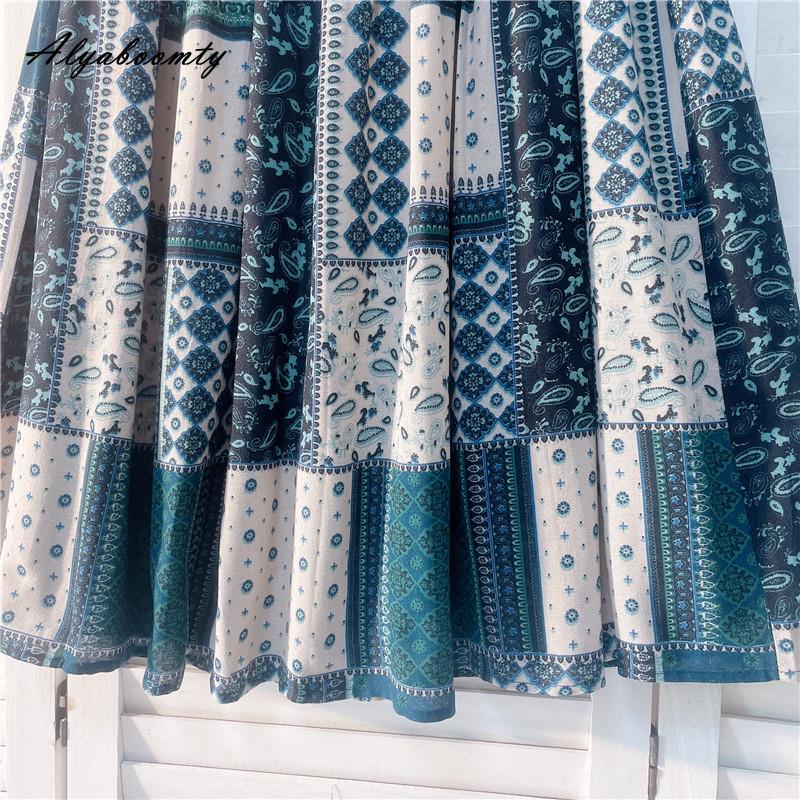 Весна Лето Женская юбка миди с эластичной талией и геометрическим принтом Контрастный цвет Юбка-трапеция Винтажные хлопковые женские юбки