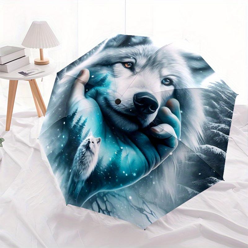 1pc Wolf amidst Snowy Forests Pattern Automatic, 8 Iron Frames, High-Value Folding Umbrella, Suitable for Office, Travel and Outdoor Adventure.C015