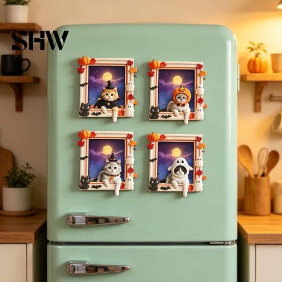 Halloween Refrigerator Magnets Cat Ghost Frame Fridge Magnet for Halloween, Retro Wooden Party Decor Magnet, Kitchen Decoration Accessories,