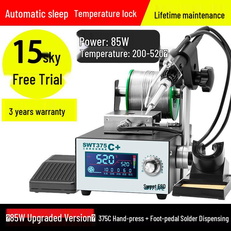 Industrial Grade Automatic Soldering Machine SWT375 with Foot Pedal, High Power Electric Iron, Hand Press Solder Dispensing.