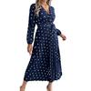 Women's Long Sleeve Dress V-Neck Polka Dot Dress with Tie Waist Long Pleated