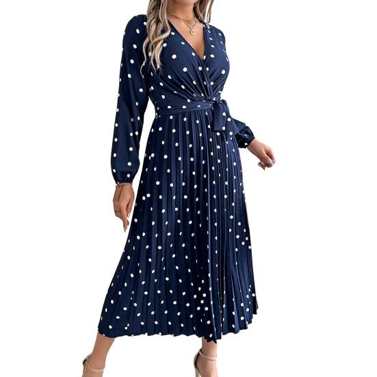 Women's Long Sleeve Dress V-Neck Polka Dot Dress with Tie Waist Long Pleated Dress for Office Parties Date