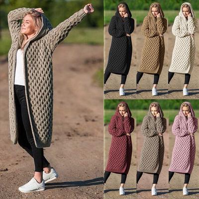 Зимний теплый новый модный женский длинный вязаный свитер с капюшоном, кардиган, пальто