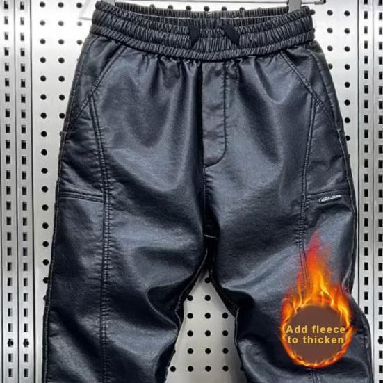 Men Pants Faux Leather Elastic Waist Windproof Waterproof Ankle-banded Patchwork Solid Color Loose Thick