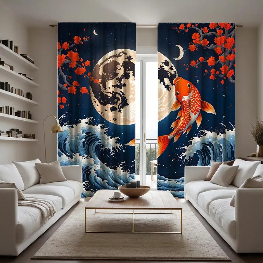 2pc Moon and wave pattern curtains, polyester fabric, machine washable, suitable for bedroom living room decoration