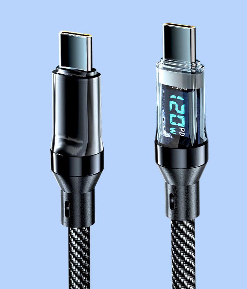 Двойной кабель быстрой зарядки Type-C мощностью 120 Вт с цифровым дисплеем для Apple 15/16 и Huawei Honor 6A Flash Charging