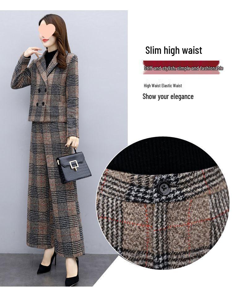 Women's Plus Size Wool Suit: Autumn/Winter 2025, Two-Piece Set with High-Waist Wide-Leg Pants