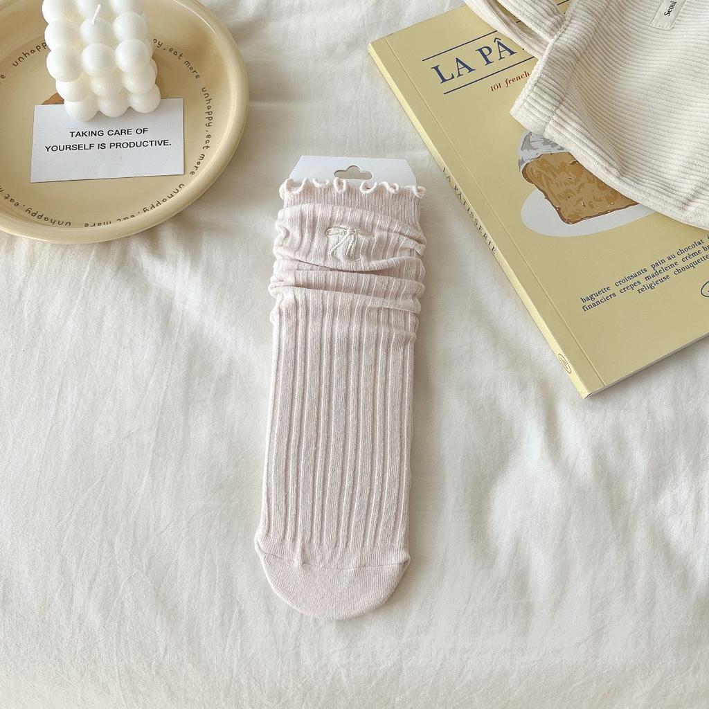 Женские носки Miu, женские хлопковые носки Mori с двойной иглой, с вышитым бантом и грибком, средние носки-трубы