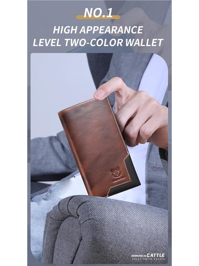 Cow Captain Мужской ретро длинный кошелек-бифолд из натуральной кожи - Масло-воск, Большая вместимость, Отделение для монет