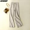 Dimanaf Plus Size 2022 New Women Linen Wide Leg Pants Summer Elastic Vintage Solid Loose Long Pants