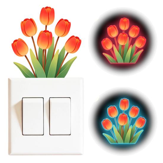 Light Switch Decal Glow-in-the-Dark Tulip Sticker, Waterproof Floral Wall Decoration Decal, Peel Bedroom and Stick Sticker for Living Room Removable