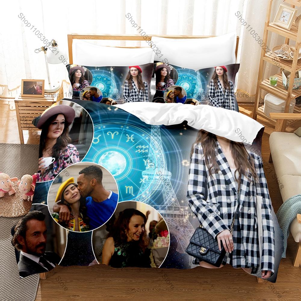 Popular Romantic French Drama Emily In Paris Full Printed 3PCS Bedding Duvet Cover + 2 Pillowcases Teen Dorm Home Decoration