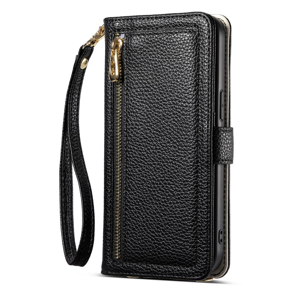 ESEBLE E11 For Samsung Galaxy S24 Case Zipper Pocket Litchi Texture Leather Phone Cover with Mirror and Wrist Strap