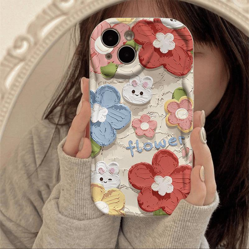 Oil Painting Flower Rabbit for Apple 15 Promax Mobile Phone Case for Women for IPhone 14 Creative 13/12/16