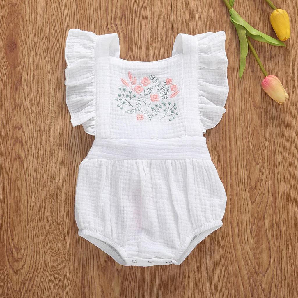 Newborn Baby Girls Ruffle Romper Embroidered Flower Jumpsuit Cotton Bodysuit Outfits Summer Clothes Sunsuit
