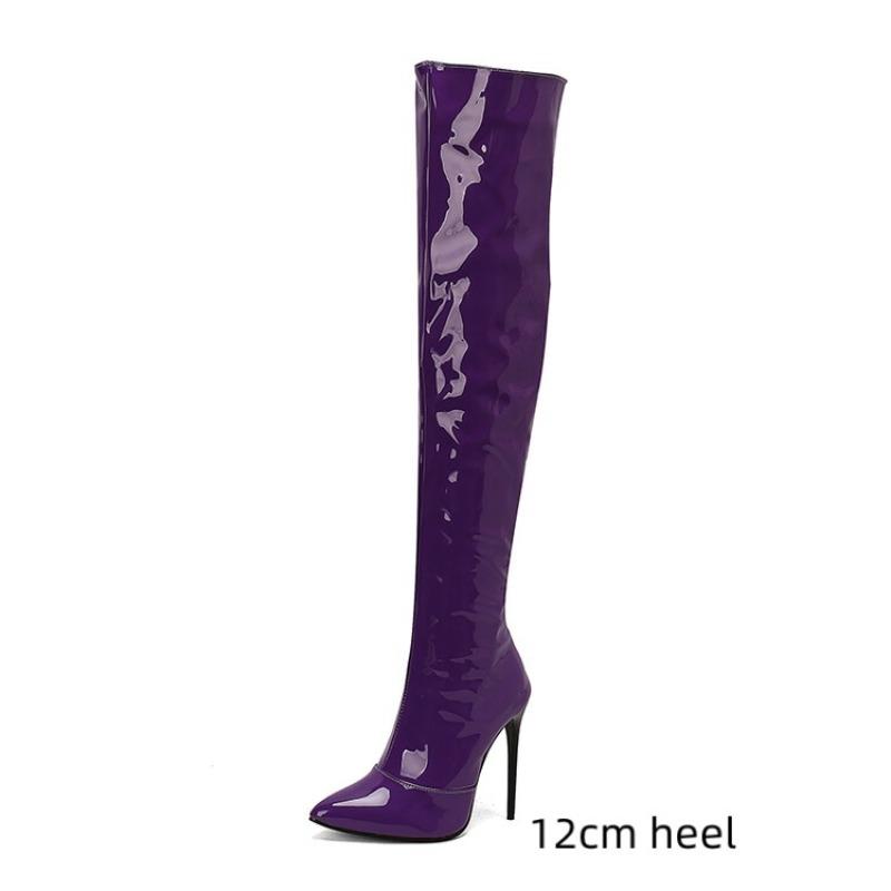 Women Patent Leather Over the Knee Boots Purple Stiletto High Heels Shoes Red Pointed Toe Warm Lady Sexy Party Thigh Boots