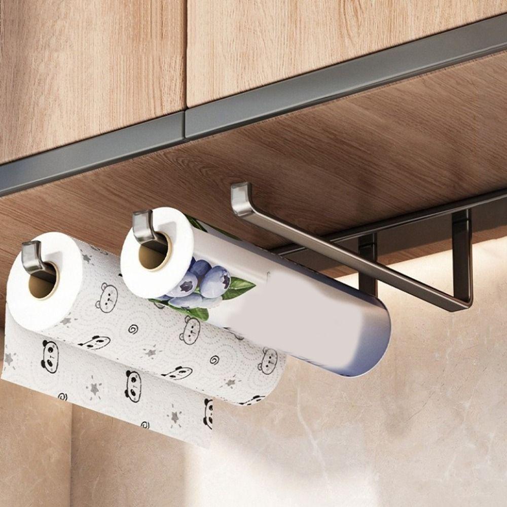 Carbon Steel Paper Towel Holder Wall Mounted Space Saving Cling Film Storage Rack No-Drill Towel Bar Rack Cabinet