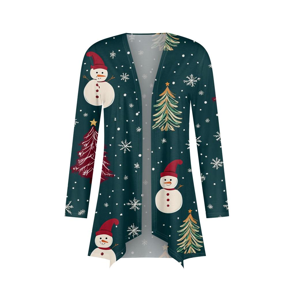 Women's Fashion Casual Christmas Print Medium Length Cardigan Jacket Coat