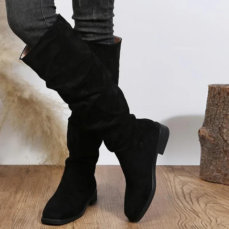 Autumn and Winter Fashion New Sexy Solid Color Warm Round Toe Thick Bottom Low Heel Comfortable Women's Boots Black Botas Mujer
