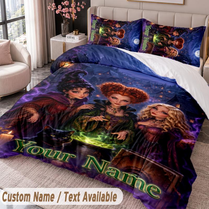 Custom Name Text 3Pcs Bedding Set Hocus Pocus Sanderson Sisters Duvet Cover And Two Pillowcases